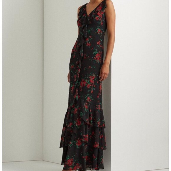 Ralph Lauren Black Red Floral Crepe Sleeveless V-neck Ruffle Maxi Dress Size 2 - Picture 1 of 14